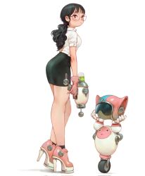  1girl animal_ear_helmet animal_helmet assault_visor black_hair choppy_bangs closed_mouth commentary energy_gun english_commentary full_body gloves helmet high_heels highres holding holding_weapon kikicodomo original pencil_skirt pink_gloves pink_shoes ponytail ray_gun robot round_eyewear shirt shoes simple_background skirt solo turning_head unworn_headwear unworn_helmet weapon white_background white_shirt 