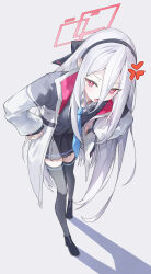  1girl absurdres anger_vein black_hairband black_thighhighs blue_archive blue_necktie commentary_request double-parted_bangs full_body hair_between_eyes hairband half_updo halo hands_on_own_hips highres jacket kei_(blue_archive) kei_(student)_(blue_archive) long_hair long_hair_between_eyes looking_at_viewer loosely_tucked_bangs multicolored_jacket necktie open_mouth pink_eyes pink_halo rectangular_halo ringed_eyes sb_lama solo thigh-highs two-tone_jacket very_long_hair white_hair white_jacket 