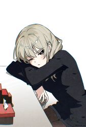  1girl :t absurdres arm_pillow black_sweater blonde_hair can chromatic_aberration commentary_request crossed_arms girls_band_cry grey_eyes habsida_(habsida_hpy) head_rest highres holding holding_can kawaragi_momoka korean_commentary light_blush long_hair long_sleeves looking_at_viewer multicolored_hair one_eye_closed roots_(hair) shorts sitting solo sweater table tissue_box twitter_username white_background 