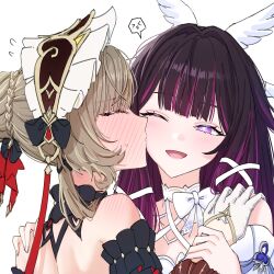  >_< absurdres armor bare_shoulders black_bow black_hair blush bonnet bow braid braided_base brown_hair bun_with_braided_base closed_eyes columbina_(genshin_impact) commentary_request couple full-face_blush genshin_impact gloves hair_bow hair_bun hand_on_another's_shoulder hand_on_another's_wrist happy highres hu0hu kiss kissing_cheek korean_commentary multicolored_hair neck_blush one_eye_closed open_mouth pink_eyes purple_streaks red_bow sandrone_(genshin_impact) shoulder_armor shoulder_blush simple_background single_hair_bun smile speech_bubble spoken_expression streaked_hair upper_body white_background white_bonnet white_gloves yuri 