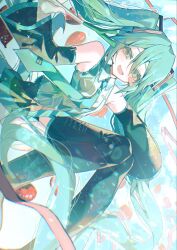  1girl aqua_eyes aqua_hair balloon bare_shoulders black_boots black_skirt black_sleeves blue_necktie blue_sky blush_stickers boots breasts clouds cloudy_sky collared_shirt confetti day detached_sleeves feet_out_of_frame floating_clothes floating_hair flying food hair_between_eyes hair_ornament hands_up happy hatsune_miku heart_balloon highres holding holding_food holding_spring_onion holding_vegetable long_hair long_sleeves looking_at_viewer miniskirt necktie open_mouth outdoors pleated_skirt shirt sidelocks skirt sky sleeveless sleeveless_shirt small_breasts smile solo spring_onion thigh_boots tie_clip tongue ussame vegetable very_long_hair vocaloid wavy_hair white_shirt wide_sleeves 