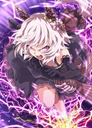  1girl animal_ears bare_shoulders black_dress black_gloves blush bow breasts commentary_request curren_chan_(ma_cherie_of_the_new_moon)_(umamusume) curren_chan_(umamusume) dress dress_bow ear_covers elbow_gloves electricity gloves grey_hair highres horse_ears horse_girl official_alternate_costume open_mouth running see-through_cleavage see-through_clothes short_hair sleeveless sleeveless_dress solo teeth umamusume upper_teeth_only violet_eyes wedding_dress zukki_(bijitaru) 