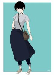  1girl bag black_choker black_eyes black_hair black_pants black_skirt blue_background blush border brown_bag brown_shoes choker closed_mouth commentary_request full_body grey_shirt handbag highres long_skirt original pale_skin pants pants_under_skirt shirt shoelaces shoes short_hair short_sleeves signature simple_background skirt sneakers solo takimoto_nao very_short_hair white_border 