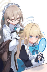 2girls absurdres akane_(blue_archive) alternate_hairstyle apron aqua_bow aqua_eyes aqua_necktie aqua_ribbon artist_name asymmetrical_hair black_dress black_gloves black_hairband blonde_hair blue_archive blue_eyes blue_hair blue_halo blue_streaks blunt_bangs blush bow bowtie brown-framed_eyewear brown_hair brown_jacket brushing_another's_hair brushing_hair chair chest_harness closed_eyes collared_shirt commentary_request dress eyebrows_visible_through_hair eyelashes fingerless_gloves fingernails frilled_apron frills glasses gloves grey_gloves grid hair_between_eyes hair_brush hair_intakes hairband halo harness highres holding holding_another's_hair holding_hair holding_hair_brush holding_mirror jacket jacket_on_arm juliet_sleeves koyuuuuuuuuuuu lips long_hair long_sleeves maid maid_headdress mirror necktie non-web_source on_chair plaid plaid_jacket print_shirt ribbon sitting sleeve_cuffs smile sparkle table toki_(blue_archive) turtleneck turtleneck_dress waist_bow watermark wavy_hair white_apron white_gloves white_hairband white_shirt wooden_table yellow_eyes yellow_halo