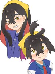  1boy 1girl black_hair blue_jacket blue_shirt brother_and_sister buttons carmine_(pokemon) closed_mouth collared_shirt commentary_request crossed_bangs eyelashes grin hair_between_eyes hairband highres jacket kieran_(pokemon) long_hair mole mole_on_neck mole_under_eye necktie pokemon pokemon_scarlet_and_violet red_necktie shirt siblings simple_background smile teeth white_background white_jacket yellow_eyes yellow_hairband zerozerokiss 