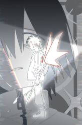  2boys 5h absurdres aged_down black_hair chinese_commentary commentary_request couple crescent_print false_memory ghost glowing guan_chao_(false_memory) guan_chao_(teenager)_(false_memory) hair_down he_mingshuo high_collar highres holding holding_stick jacket looking_at_another male_focus medium_hair multiple_boys open_clothes open_jacket pants pants_rolled_up print_jacket shoes sleeves_rolled_up star_(symbol) stick sword_print track_jacket white_hair white_pants white_shoes wing_print zipper zipper_pull_tab 