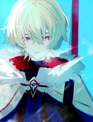  1boy absurdres ahoge alyosha_(genshin_impact) artist_name black_gloves black_shirt blue_jacket blue_sky blush cape cold day earmuffs fur-trimmed_cape fur_trim genshin_impact gloves green_hair gun hair_between_eyes hand_up highres holding holding_gun holding_weapon hood hooded_cape jacket long_sleeves looking_at_viewer male_focus nokori04 outdoors rifle shirt short_hair sky sniper_rifle solo steam teeth turtleneck turtleneck_shirt upper_body weapon weapon_on_back white_cape yellow_eyes 