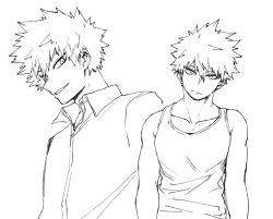  1boy arms_at_sides bakugou_katsuki bare_shoulders boku_no_hero_academia closed_mouth collarbone collared_shirt commentary dkyoudai dress_shirt expressionless eyebrows_hidden_by_hair greyscale grin hatching_(texture) head_tilt linear_hatching lineart looking_at_viewer looking_to_the_side male_focus medium_sideburns monochrome multiple_expressions multiple_views open_collar parted_lips projected_inset sanpaku shirt short_hair sideburns sideways_glance sideways_mouth simple_background smile spiky_hair split_mouth tank_top tsurime upper_body white_background wing_collar 