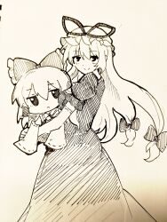  1girl absurdres blush bow character_doll chinese_commentary closed_mouth commentary_request doll dress elbow_gloves fumo_(doll) gloves hair_bow hakurei_reimu hat hat_ribbon highres hugging_doll hugging_object long_hair looking_at_viewer mob_cap multiple_hair_bows puffy_short_sleeves puffy_sleeves ribbon short_sleeves solo touhou traditional_media very_long_hair yakumo_yukari zi_ziyuan_zuhsjsh 