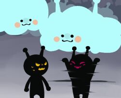  :3 angry antennae arms_up black_eyes black_skin blush_stickers body_switch closed_eyes clouds colored_sclera colored_skin commentary gradient_background grey_background looking_at_another motion_lines no_humans open_mouth personality_switch pink_cloud_(rhythm_tengoku) rhythm_tengoku rhythm_tengoku_miracle_stars smile solid_circle_eyes standing sweat sweatdrop teeth untranslatable_commentary uurutsurugi123 v-shaped_eyes warping_alien_(rhythm_tengoku) yellow_cloud_(rhythm_tengoku) yellow_sclera 