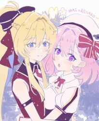  2girls akali_ribbon amaori_renako armband blonde_hair blue_eyes bow bowtie breast_press breasts commentary hair_bow hair_ornament hat highres hug koala large_breasts long_hair multiple_girls necktie ouzuka_mai pink_hair ponytail puffy_sleeves red_bow red_shirt shirt short_hair sidelocks sleeveless symmetrical_docking untranslatable_commentary violet_eyes watashi_ga_koibito_ni_nareru_wake_naijan_murimuri! white_hat white_sleeves 