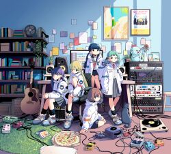  5girls absurdres acoustic_guitar ahoge album_cover amplifier aqua_hair black_skirt black_socks blonde_hair blue_eyes blue_hair blunt_bangs blush book bookshelf braid brown_eyes brown_hair cable can cat chair closed_mouth commentary_request computer controller cover flower food full_body game_console game_controller green_eyes green_hair grey_skirt guitar hair_ornament hairclip highres holding hood indoors instrument jacket long_hair long_sleeves looking_at_viewer microphone monitor multiple_girls nakamori_kemuri open_mouth phonograph pizza plant pleated_skirt poster_(object) potted_plant ribbon sayonara_ponytail shelf shirt shoes short_hair shorts sitting skirt smile sneakers socks speaker standing white_jacket 