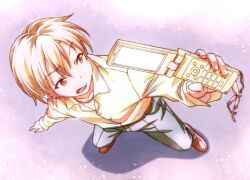  1boy blonde_hair boku_wa_tomodachi_ga_sukunai cellphone collarbone commentary_request flip_phone foreshortening full_body green_pants hasegawa_kodaka holding holding_phone loafers long_sleeves looking_to_the_side male_focus official_artist_extra open_mouth pants phone school_uniform shirt shoes short_hair solo st._chronica_academy_school_uniform standing summer_uniform watanabe_yoshihiro yellow_eyes yellow_shirt 