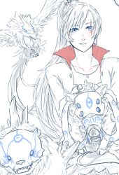  1girl alternate_color animal bird blue_eyes blush boarbatusk collarbone commentary cropped dress earrings english_commentary eyelashes grimm_(rwby) holding holding_animal jewelry long_hair long_sleeves lycanheiress necklace nevermore_(rwby) nostrils open_mouth ponytail rwby scar scar_across_eye scar_on_face sharp_teeth simple_background smile spikes teeth tusks ursa_(rwby) weiss_schnee white_background white_dress white_hair 