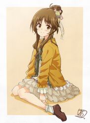  1girl blush border brown_background brown_eyes brown_shoes character_request closed_mouth commentary_request eyelashes frilled_skirt frills grey_skirt hair_bun hair_ribbon highres idolmaster idolmaster_cinderella_girls jacket open_clothes open_jacket ribbon sekiya_kuzuyu shirt shoes short_hair_with_long_locks sidelocks signature simple_background single_hair_bun sitting skirt smile socks solo split_mouth white_border white_socks yellow_jacket 