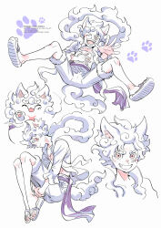  1boy animal_ears cat_boy cat_ears cloud_hair commentary_request cross_scar devil_fruit_power full_body gear_fifth grin hagoromo hamhamugi_mugi looking_at_viewer monkey_d._luffy multiple_views one_eye_closed one_piece open_hand open_mouth purple_sash sandals sash scar scar_on_cheek scar_on_chest scar_on_face shawl shirt short_hair shorts simple_background smile transformation twitter_username upper_body white_background white_hair white_shirt white_shorts 
