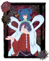  2girls blue_dress blue_hair commentary dress facing_viewer grey_hair hagoromo hair_ornament hair_over_eyes hair_rings hair_stick hand_on_another's_chin highres holding_hands kaku_seiga miyako_yoshika multiple_girls ofuda ofuda_on_head pale_skin red_shirt shawl shirt smile touhou weebtoria 