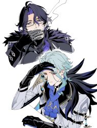  0p78xopwsj83779 2boys ahoge ascot black_choker black_coat black_gloves black_hair black_shirt blue_ascot blue_gloves blue_hair blue_shirt choker cigarette closed_mouth coat collared_shirt colored_inner_hair commentary_request dottore_(genshin_impact) elbow_rest expressionless eyewear_strap feather_trim fur-trimmed_coat fur_trim genshin_impact glasses gloves gold_trim hair_between_eyes hair_intakes hair_over_shoulder hand_on_own_forehead highres holding holding_cigarette jewelry lab_coat lapels long_sleeves looking_at_viewer male_focus medium_hair multicolored_gloves multicolored_hair multiple_boys no_mask o-ring o-ring_choker open_clothes open_coat pantalone_(genshin_impact) parted_bangs purple_hair red_eyes ring semi-rimless_eyewear shirt short_hair simple_background smoke smoking turtleneck two-tone_gloves under-rim_eyewear upper_body violet_eyes white_background white_coat 