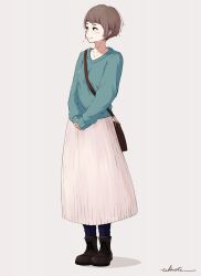  1girl bag black_boots blue_sweater blush boots brown_bag brown_hair closed_mouth collarbone commentary_request full_body grey_background handbag highres jewelry long_skirt long_sleeves necklace original own_hands_together short_hair signature simple_background skirt smile solo standing sweater takimoto_nao white_skirt 