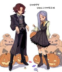  1boy 1girl alternate_costume black_boots black_pants boots brown_hair candy commentary_request creature daniel_page danielpagelover food freckles hair_over_one_eye halloween halloween_bucket halloween_costume happy_halloween harry_potter:_magic_awakened harry_potter_(series) highres ivy_warrington jack-o'-lantern long_hair long_sleeves looking_at_viewer niffler one_eye_covered pants pumpkin short_hair simple_background violet_eyes white_background wizarding_world 