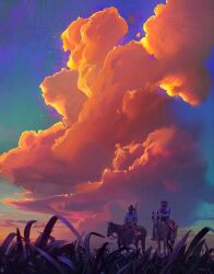  2boys clouds cloudy_sky colorful_clouds commentary cowboy_hat cumulonimbus_cloud english_commentary from_below grass hat highres horse jocelin_carmes lantern multiple_boys original riding riding_animal saddle signature sky stirrups_(riding) sunset 