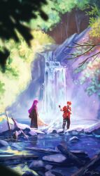  >_< 1boy 1girl absurdres arm_at_side axe battle_axe black_coat black_pants coat commentary day dress fern_(sousou_no_frieren) forest hands_up highres jacket kicking long_hair long_sleeves mage_staff nature open_clothes open_coat open_mouth outdoors painterly pants porukana profile purple_hair red_jacket river scenery sousou_no_frieren splashing staff standing stark_(sousou_no_frieren) straight_hair tree v-shaped_eyebrows wading water waterfall weapon white_dress wide_shot 