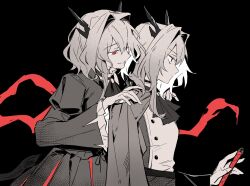  2girls absurdres arknights ascot black_background chinese_commentary clone commentary_request cowboy_shot dopperu_ben dress dual_persona duke_kashchey_(arknights) evil_smile from_side hair_intakes half-closed_eyes hand_on_another's_shoulder highres jacket jacket_on_shoulders long_sleeves multiple_girls pleated_skirt possessed puffy_sleeves red_eyes short_hair sidelocks simple_background skirt smile spot_color talulah_(arknights) talulah_the_fighter_(arknights) 