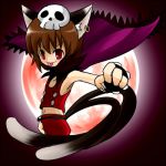  :p brown_hair cape cat_ears cat_tail chen earrings halloween haro_(artist) jewelry lowres moon multiple_tails red_eyes red_moon short_hair skull solo tail tongue touhou 