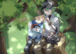  2boys absurdres blue_eyes blue_jacket blurry brown_hair closed_eyes closed_mouth collared_shirt commentary_request day green_hair hair_between_eyes hand_up hat highres hilbert_(pokemon) index_finger_raised jacket long_hair male_focus multiple_boys n_(pokemon) on_tree_stump open_mouth oshawott outdoors pants pokemon pokemon_(creature) pokemon_black_and_white shadow shirt sitting sleeping undershirt yukinoko2200 zorua 