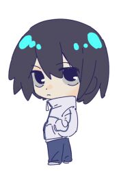  1boy aged_down black_eyes black_hair blue_pants chibi chibi_only chinese_commentary commentary_request false_memory full_body grey_jacket guan_chao_(false_memory) guan_chao_(teenager)_(false_memory) hair_between_eyes hair_down hands_in_pockets high_collar jacket male_focus medium_hair pants shoes simple_background track_jacket white_shoes zhanglang_dawang zipper zipper_pull_tab 