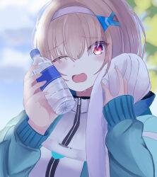  1girl absurdres after_exercise aqua_jacket backlighting blurry blurry_background blush bottle brown_hair commentary_request day dual_wielding exhausted eyelashes eyes_visible_through_hair fish_hair_ornament furrowed_brow hair_between_eyes hair_ornament hairband hands_up heaven_burns_red highres holding holding_bottle holding_towel hotaru_orochi jacket looking_at_viewer medium_hair one_eye_closed ooshima_muua open_mouth outdoors red_eyes sleeves_past_wrists solo summer sweat towel track_jacket upper_body water_bottle white_hairband zipper 