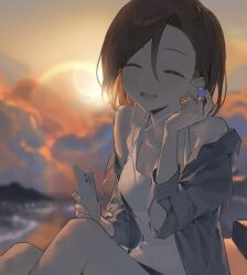  1girl blurry blurry_background brown_hair cellphone closed_eyes clouds colorful_clouds commentary_request earphones facing_viewer feet_out_of_frame grey_jacket holding holding_earphones holding_phone idolmaster idolmaster_cinderella_girls jacket jacket_partially_removed lens_flare mizuki_seira open_mouth orange_sky outdoors phone short_hair single_earphone_removed sitting sky smartphone smile solo sun sunset tank_top vickyycy99 white_tank_top 