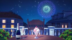  absurdres aerial_fireworks alcohol baluster blue_sky bottle brick_wall bush chair champagne champagne_bottle champagne_flute cherry chimney commentary_request cup dormer drinking_glass english_commentary fireworks flower food fruit gable_roof highres ice_cream mansion mixed-language_commentary multiple_scoops muntins night no_humans novish original outdoors paid_reward_available partial_commentary pov_across_table railing red_flower red_rose rooftop rose rose_bush round_table scenery sky star_(sky) starry_sky sundae table tin_roof variant_set whipped_cream window wooden_chair wooden_table 