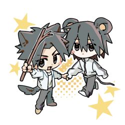  2boys absurdres aged_down animal_ears black_eyes black_hair blush brown_shoes chibi chibi_only chinese_commentary closed_eyes commentary_request couple dog_boy dog_ears dog_tail false_memory grey_pants guan_chao_(false_memory) guan_chao_(teenager)_(false_memory) hair_between_eyes hair_down he_mingshuo high_collar highres holding holding_hands holding_stick jacket male_focus medium_hair mouse_boy mouse_ears mouse_tail multiple_boys niurougan_haoguia open_clothes open_jacket pants shirt shoes simple_background sleeves_rolled_up smile spiky_hair star_(symbol) stick tail track_jacket white_background white_jacket white_shirt white_shoes 