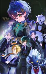  1girl 6+boys ahoge alternate_costume animal_ears bangboo_(zenless_zone_zero) belle_(zenless_zone_zero) billy_kid black_bow black_bowtie black_pantyhose black_vest blonde_hair blue_hair bow bowtie brother_and_sister clothed_robot collared_vest commentary_request crossed_bangs damian_blackwood eous_(zenless_zone_zero) furry furry_male glasses green_bow green_eyes grey_hair hair_over_eyes highres htbjca3l hugo_vlad humanoid_robot lighter lighter_(zenless_zone_zero) mole mole_under_eye multiple_boys necktie one_eye_closed pantyhose pointy_ears red_eyes red_necktie robot robot_boy siblings spiky_hair vest von_lycaon white_fur white_hair wise_(zenless_zone_zero) wolf_boy wolf_ears zenless_zone_zero 