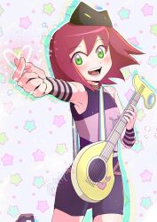  1girl :d alternate_costume armpits artist_name bare_shoulders black_hat commentary detached_sleeves english_commentary eyelashes finger_heart green_eyes guitar guitar_strap hat heart highres holding holding_guitar holding_instrument instrument looking_at_viewer mega_man_(series) mega_man_star_force_(series) open_mouth pupuypuyu red_hair short_hair smile solo sonia_strumm_(mega_man) star_(symbol) teeth twitter_username 