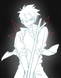  1boy black_background false_memory fighting_stance floating_clothes floating_jacket ghost glowing hair_over_one_eye he_mingshuo highres holding holding_stick jacket male_focus open_clothes open_jacket shirt simple_background sleeves_rolled_up spiky_hair stick white_eyes white_hair white_jacket white_shirt wings 