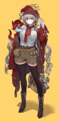  1girl :/ adjusting_clothes adjusting_headwear animal_on_shoulder arm_at_side artist_name bag belt belt_buckle belt_pouch black_ribbon black_thighhighs blush boots breasts brown_bag brown_belt brown_boots brown_shorts buckle closed_mouth coat commentary cross dragon dragon_on_head dragon_on_shoulder duffel_coat fang fang_out food food_in_mouth full_body grey_hair hair_between_eyes hair_ribbon hand_up hat highres jun_(navigavi) knee_boots large_breasts long_coat long_hair long_sleeves looking_at_viewer low_twintails nose open_clothes open_coat original popsicle popsicle_in_mouth pouch red_coat red_scarf ribbed_sweater ribbon santa_hat scarf scroll shadow shorts signature simple_background small_dragon solo standing sweater sweater_tucked_in test_tube thigh-highs turtleneck turtleneck_sweater twintails very_long_hair white_sweater yellow_background yellow_belt yellow_eyes 