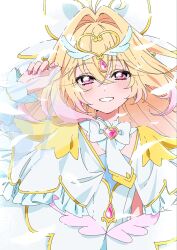  1girl antenna_hair blonde_hair bow brooch capelet cure_arcana dress earrings feathers frilled_capelet frilled_cuffs frills gloves gradient_hair hair_intakes heart heart_brooch highres jewelry long_hair looking_at_viewer magical_girl meitantei_precure! moria_luluka multicolored_hair precure shirako_love smile solo upper_body veil very_long_hair white_capelet white_dress white_feathers white_veil winged_heart wrist_cuffs 