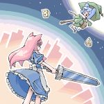  arnest blue_hair cat_ears cheese lowres minigirl mouse_ears oekaki original pink_hair sword weapon 