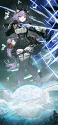  1girl absurdres arknights arknights:_endfield black_gloves black_horns black_overskirt bow_(weapon) breasts chinese_commentary closed_mouth commentary_request detached_sleeves energy_arrow fake_horns gloves hairband highres holding holding_bow_(weapon) holding_weapon horn_hairband horns long_hair medium_breasts purple_hair renxzd solo thigh-highs typhoeus_(arknights) typhon_(arknights) violet_eyes weapon 