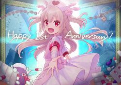  1girl :d anniversary apron armband bad_id bad_pixiv_id bandaged_arm bandages blonde_hair blunt_bangs chain cowboy_shot dress fang hair_between_eyes hair_ornament hat lock long_hair looking_at_viewer natori_sana natori_sana_(nurse) nurse_cap open_mouth outstretched_arm pill pink_apron rabbit_hair_ornament reaching reaching_towards_viewer red_eyes sana_channel short_sleeves shuu_(syuuuuuuuuuu) sidelocks skin_fang smile solo two_side_up virtual_youtuber white_dress white_hat 