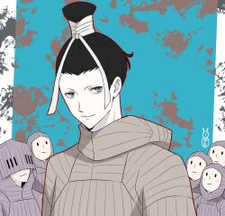  5boys aqua_background black_hair collector_manikin_(megami_tensei) covered_face futomimi_(megami_tensei) grey_eyes hood hoodie looking_at_viewer machinosuke male_focus manikin_(megami_tensei) multiple_boys shin_megami_tensei shin_megami_tensei_iii:_nocturne smile topknot upper_body 