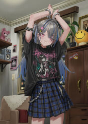  1girl absurdres black_shirt blue_hair blue_skirt bound bound_arms chain closed_mouth cross cross_earrings cuffs ear_piercing earrings gishiki_(gshk) gradient_hair grey_hair hair_intakes hair_ornament handcuffs highres jewelry light_blush light_frown long_hair multicolored_hair original piercing pink_eyes plaid_clothes plaid_skirt shirt single_earring skirt solo star_(symbol) star_hair_ornament streaked_hair sweatdrop t-shirt two_side_up 