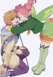  1boy 1girl armor averting_eyes bags_under_eyes belt black_belt boots braid brown_cape brown_coat brown_hair cape closed_eyes coat commentary_request do_not_want fairy fairy_wings fur-trimmed_cape fur_trim green_boots green_skirt green_sweater green_wings grey_background hands_on_another's_neck heads_together highres holding holding_staff hug knee_boots leaning_forward mel_(puyopuyo) multicolored_skirt necktie on_one_knee open_mouth orange_necktie orange_skirt own_hands_together pants pink_hair pointy_ears purple_pants puyopuyo puyopuyo_quest ringed_eyes short_hair shoulder_armor simple_background skirt smile staff standing sweater tearing_up teeth twin_braids urolo wacht_(puyopuyo) wings 
