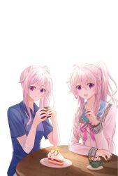  2girls 9-nine- :d absurdres ahoge arm_on_table aunt_aliang backlighting bandaged_arm bandages blue_collar blue_shirt braid breasts cake cake_slice character_print closed_mouth coffee collar collared_shirt commentary commission cowboy_shot cup d: dated_commentary double-parted_bangs dual_persona eyelashes food frown fruit green_ribbon grey_hair hair_between_eyes hair_ribbon hakusen_academy_school_uniform hand_up hands_up happy hat highres holding holding_cup jacket latte_art long_hair long_sleeves looking_at_viewer medium_breasts multiple_girls niimi_sora open_mouth pink_ribbon ribbon school_uniform second-party_source shirt short_sleeves side_ponytail sidelocks simple_background single_braid smile sophitia split_mouth strawberry talking teacup tsurime upper_body violet_eyes weapon white_background white_jacket 
