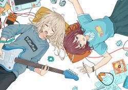  2girls beer_can blue_eyes blue_shirt brown_hair cable can cd commentary computer drink_can effects_pedal electric_guitar fender_jazzmaster girls_band_cry green_skirt grey_hair grey_sweater guitar hair_down headphones highres holding holding_pen instrument iseri_nina kawaragi_momoka laptop long_hair lying medium_hair multicolored_hair multiple_girls on_back open_mouth paper pen pillow plectrum roots_(hair) scrunchie shirt short_sleeves skirt sticker sweater three-quarter_sleeves tinkie untranslatable_commentary unworn_scrunchie 