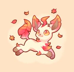  alternate_color autumn_leaves binnybun closed_mouth english_commentary full_body highres leaf leafeon looking_up no_humans orange_eyes pokemon pokemon_(creature) pokemon_focus smile solo 