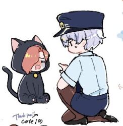  2boys animal_costume black_shoes brown_pantyhose cat_costume commentary_request crossdressing crossdressing_(mtf) crying don5435 esse_series hat kigurumi kuchinashi_dabi lowres male_focus mini_person miniboy miniskirt multiple_boys paint_chat_(medium) pantyhose peaked_cap police police_uniform shoes short_sleeves sitting skirt tears tonimura_yui 