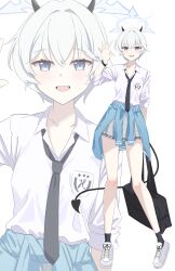  1girl :d absurdres apholis arm_behind_back asakura_toru asakura_toru_(cosplay) bag bare_legs black_necktie black_skirt blue_archive blue_cardigan blue_eyes blush breasts cardigan cardigan_around_waist clothes_around_waist commentary cosplay demon_girl demon_horns demon_tail erika_(blue_archive) full_body hand_up highres holding holding_bag horns idolmaster idolmaster_shiny_colors legs necktie plaid_clothes plaid_skirt pleated_skirt school_bag school_uniform shirt short_hair skirt small_breasts smile solo tail thighs untranslatable_commentary waving white_hair white_shirt 